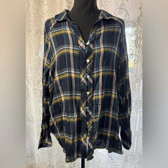 J. Jill Women’s Sz XL Blue Plaid Hook Loop Button Up Shirt Blouse Cotton Blend - Picture 6 of 6